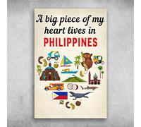 FJQWKLF Une grande partie de mon cœur vit aux Philippines Décoration murale pour restaurant, café, bar, maison, cour Panneau mural en métal 8x12 pouces
