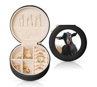 FJWSLCH Petite boîte à bijoux ronde en cuir de chèvre noire avec fermeture éclair pour bagues, boucles d'oreilles, colliers