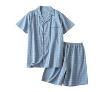 FJZFXKZL Ensemble De Pyjama Homme, Ensemble pyjama d'été à carreaux for hommes, manches courtes, Short en gaze de coton, vêtements de nuit for hommes, ensemble de Service à domicile, vêtements de nuit