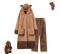 FJZFXKZL Peignoir Capybara for femme, peignoir d'intérieur en polaire corail, ensemble pyjama doux avec poches et pantalon à capuche, robe de nuit(Brown-B,M)