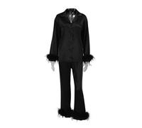 FJZFXKZL Plumes Pyjamas Manches Vêtements De Nuit Femmes 2 Pièces Ensemble de Pyjama D'été for Femmes avec Pantalon Satin Simple Boutonnage Pyjama Costume for Femme (Color : Black, Size : M)