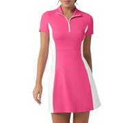 FKEEP Robe de tennis de golf avec short pour femme - Col polo - Robe athlétique athlétique sans manches - Robe de golf décontractée sans manches, Rose fluo et blanc, Taille XL