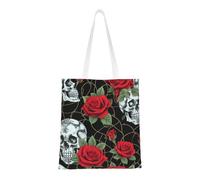 FKGKDF Sac fourre-tout en toile polyester imprimé tête de mort et rose rouge, sac de courses avec poignées renforcées, réutilisable