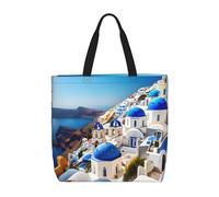 FKGKDF Santorini Sac fourre-tout à fermeture éclair avec impression île grecque, vue sur la mer, grande capacité, pour le shopping, le travail, le quotidien