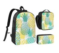 FKHOHL Ensemble sac à dos respirant 3 en 1 avec imprimé ananas tropical, sac à déjeuner, trousse à stylos, pratique pour transporter des collations et des boissons