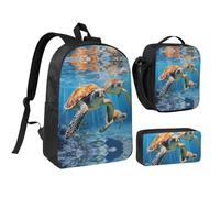 FKHOHL Sac à dos respirant 3 en 1 imprimé tortues de mer - Sac à déjeuner et trousse à stylos - Pratique pour transporter des collations et des boissons