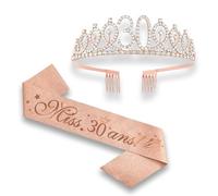 fKiZanthene Ensemble de Deux Bijoux de Cheveux, Couronne et Écharpe 30 Ans en Or Rose avec Paillettes, Décoration pour Fêtes d’Anniversaire et Occasions Spéciales