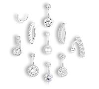 fKiZanthene Lot de Neuf Piercings de Nombril, Piercing au Nombril Argenté en Cuivre avec Zircon, Bijoux de Corps pour Fête, Plage et Maison