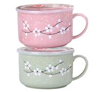 fkngcp Lot de 2 bols à soupe avec poignées, 800 ml/28 oz, résistant à la chaleur, tasse soupe pour micro-ondes avec couvercle, tasse de voyage en céramique florale Wintersweet pour ramen