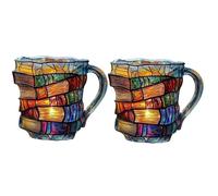 FkYstrix Coffee Mug Painted Book Mugs Library 3D Painted Glass Unique Books Stack Coffee Cup for Hot Or Cold Brews Gifts for Women Readers Writer, 2pcs