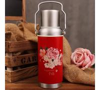 Flacon à vide à double paroi Flacon thermos de voyage rétro chinois Bouteille d'eau isolée Tasse de tasse de bouteille d'eau portative Pot d'isolation de maison créative de sport,Red