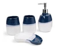 Flacon de Savon Ensemble d'accessoires de Salle Bain en céramique, 4 pièces, dégradé Blanc et Bleu, 2 gobelets à gargarisme, 1 Porte-Savon Distributeur