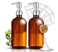 Flacon Pompe Vide Verre 500ml Ambre Vintage | Lot de 2 + Entonnoir | INOX Brossé Argenté | Marque Française | Distributeur Savon Gel Hydroalcoolique Liquide Vaisselle Shampoing | Qualité Supérieure