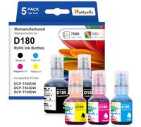 Flacons de recharge d'encre compatibles D180 pour Brother BTD180 | Pièces de rechange pour imprimantes DCP-T580DW DCP-T583DW DCP-T780DW (lot de 5, 2BK 1C 1M 1Y)
