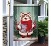 Flag de jardin Chat avec écharpe rouge et bonnet de Père Noël Hiver Petit