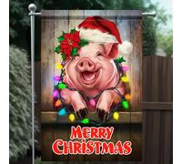 Flag de jardin Cochon mignon avec un bonnet de Père Noël pour les fêtes de
