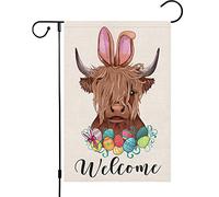 Flag de jardin Vache des Highlands Joyeuses Pâques Bienvenue au printemps