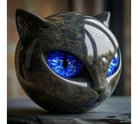 Flairgifts Luxury Black Cat Stone Sculpture, Sculpture Noire la tête Chat Les Yeux Brillants, Cristaux Exquis et guérison sculptés à la Main sculptés, Éculptures Chaton créatif Mignons (Bleu)
