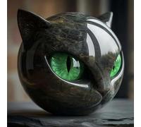 Flairgifts Luxury Black Cat Stone Sculpture, Sculpture Noire la tête Chat Les Yeux Brillants, Cristaux Exquis et guérison sculptés à la Main sculptés, Éculptures Chaton créatif Mignons (Vert)