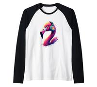 Flamant Rose avec Casque coloré rétro Amateur de Musique Manche Raglan