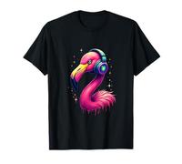 Flamant Rose avec Casque coloré rétro Amateur de Musique T-Shirt