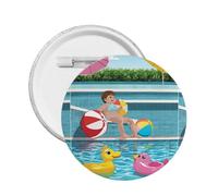Flamant rose et piscine - Épinglette ronde en émail - Badge en alliage métallique pour veste, sac, idée cadeau., L, Plastique