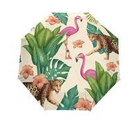Flamant Rose Léopard Parapluie Pliable Pliant à Ouverture Automatique Parapluies Pliant Coupe-Vent pour Voyager Plage Femmes Enfants Homme Fille