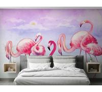 Flamant Rose Peint À La Main Éthéré Lever De Soleil Nuages Papier Peint 3D Installation Facile Intissé Tapisserie Bureau Salon Canapé Chambre Décoration Murale-300cm×210cm
