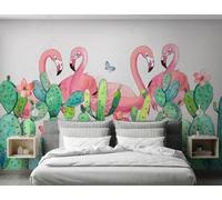 Flamant Rose Peint À La Main Fleurs De Cactus Papillons Papier Peint 3D Installation Facile Intissé Tapisserie Bureau Salon Canapé Chambre Décoration Murale-400cm×280cm