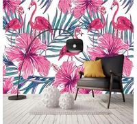 Flamant Rose Peint À La Main Fleurs Et Feuilles De Palmier Papier Peint 3D Installation Facile Intissé Tapisserie Bureau Salon Canapé Chambre Décoration Murale-150cm×105cm