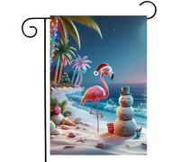 Flamant Rose Tropical De Noël Avec Bonnet De Père Noël, Bonhomme De Neige En Sable, Palmier En Bord De Mer Drapeau Solide Drapeaux Résistant Garden Flag Pour Fête Cour Porche 30X45Cm