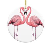 Flamants roses à encre - Décoration de Noël en céramique avec ficelle dorée, décoration de vacances ronde imprimée pour arbre de mariage, vente au détail.