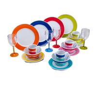FLAMEFIELD Colours Service de table 16 pièces en mélamine - Vaisselle multicolore éclatante, assiettes durables, parfaites pour les pique-niques et les fêtes colorées, égayez chaque repas avec