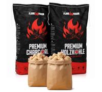 FlameFusion Charbon de Bois Premium 20 kg en hêtre qualité Restaurant - 2 Sacs (2X 10 kg) Plus 2 sachets Allume-feu en Laine de Bois à la Cire jusqu'à 10 soirées Barbecue Longue Combustion pour Grill