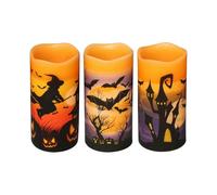 Flameless Flickering Candles Battery Operated with 6 Hour Timer, Set of 3 Real Wax LED Pillar Candles Warm Light with Castle, Witch, Bats Decal Hallow