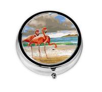 Flamingo Beach : cette petite boîte à pilules ronde imprimée est un organisateur portable de pilules et de vitamines, parfait pour les poches, les sacs à main et les voyages.