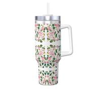 Flamingo Bird - Gobelet isotherme de 1200 ml avec poignée et paille - Bouteille étanche en acier inoxydable - Imprimé feuilles rondes
