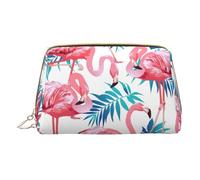 Flamingo Bird Green Plant Leaf Leather HandHeld Trousse de maquillage à fermeture éclair Sac de rangement Portable Rouge à lèvres Trousse de toilette, blanc, Taille unique