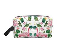 Flamingo Bird Round Leaf Print Storage Bag - Grande trousse de maquillage de voyage, pochette portable pour articles de toilette, accessoires, blanc, Taille unique