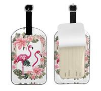 Flamingo Bird Round Leaves - Étiquettes de bagage personnalisées en cuir, étiquettes d'identification de voyage imperméables avec housse de confidentialité pour valises, sacs, croisières.