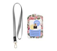 Flamingo Bird Round Leaves - Porte-carte d'identité professionnel en cuir synthétique avec cordon - Fenêtre transparente imperméable pour le personnel de bureau, hôpital.