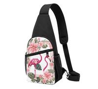 Flamingo Bird Round Leaves - Sac de poitrine imperméable imprimé pour la randonnée et les voyages - Sangle réglable, design léger avec plusieurs poches., Noir , Taille unique