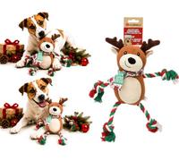 FLAMINGO Jouet Chien - Noel Vicente Renne Brun - Peluche et Corde en Coton - avec Squeaker - pour Plus de Plaisir de Jeu - Brun - 29 x 10 x 35 cm