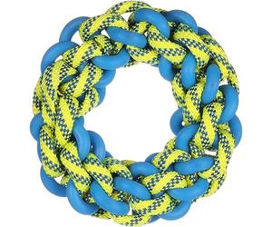 Flamingo Jouet Chien - Tofla Anneau & Corde Tressés Bleu & Jaune - S Ø17×5 cm - Nylon tressé & TPE - Flotte - Jeu Aquatique