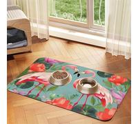 Flamingo Love Flowers Tapis de nourriture pour chien, tapis d'alimentation absorbant pour gamelles d'eau et de nourriture, tapis de placement antidérapant pour sols, imperméable, séchage rapide, pour