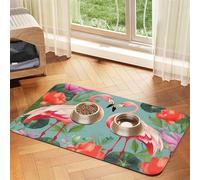 Flamingo Love Flowers Tapis de nourriture pour chien, tapis d'alimentation absorbant pour gamelles d'eau et de nourriture Tapis de placement antidérapant pour sols imperméable à séchage rapide pour