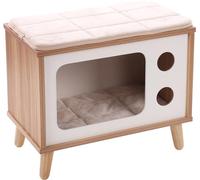Flamingo Meuble à gratter pour Chat Fino TV Blanc & Brun & Naturel - 50x29x41cm - Coussin détachable avec Bande autoagrippante et Coussin Amovible - Lavable