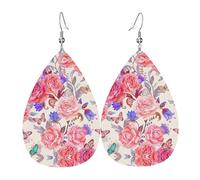Flamingo Oiseau Rond Feuilles Imprimés Boucles d'oreilles Pendantes en Cuir - Boucles d'Oreilles Pendantes Légères en Forme de Goutte d'Eau pour Fête Saint Valentin, taille unique, Cuir
