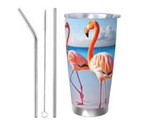 Flamingo on Beach Gobelet isotherme de 591 ml en acier inoxydable avec couvercle et paille, tasse de voyage à double paroi pour chaud/froid, tasse thermique anti-déversement pour la maison, le bureau