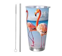 Flamingo on Beach Gobelet isotherme de 591 ml en acier inoxydable avec couvercle et paille, tasse de voyage à double paroi pour chaud/froid, tasse thermique anti-déversement pour la maison, le bureau